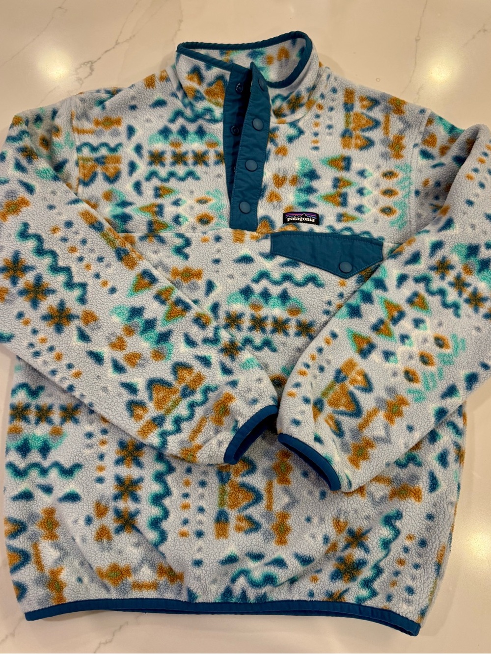 Patagonia Kids Teal & Mustard Patterned Synchilla Snap-T Fleece Size M
